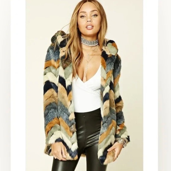 Forever 21 Chevron Faux Fur Jacket - Multicolor - Picture 1 of 14